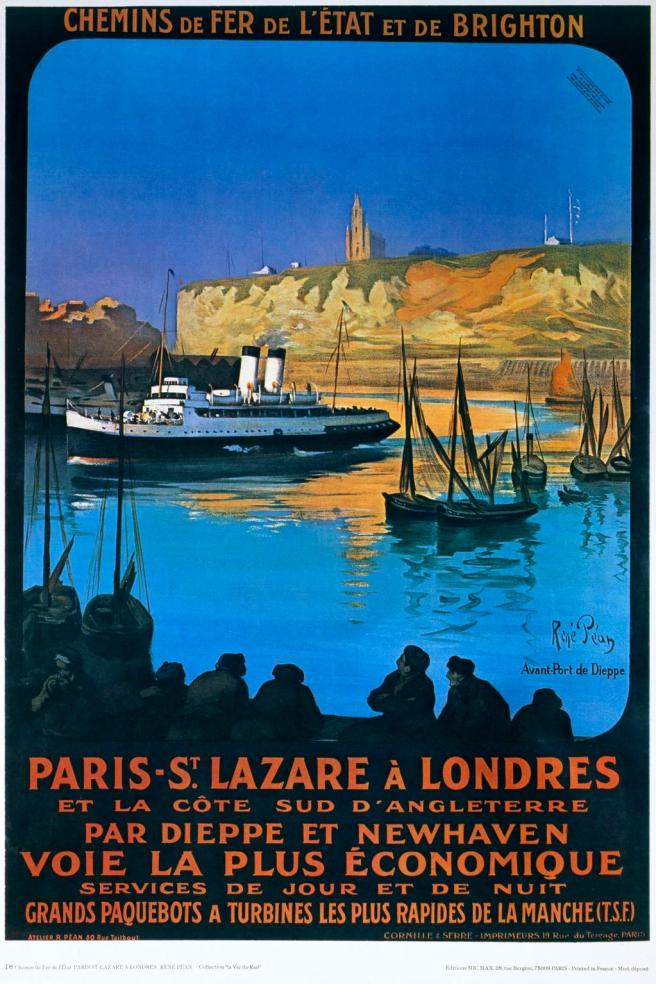 Historic colour poster in mid-century style showing a black and white ferry crossing Dieppe harbour dotted with fishing craft seen against a backdrop of cliffs with a church on top. There are strong colours of blue (sea and sky) and orange (cliffs, reflections on the sea) to evoke warm sunny days. The text below advertises the ferry service in French.