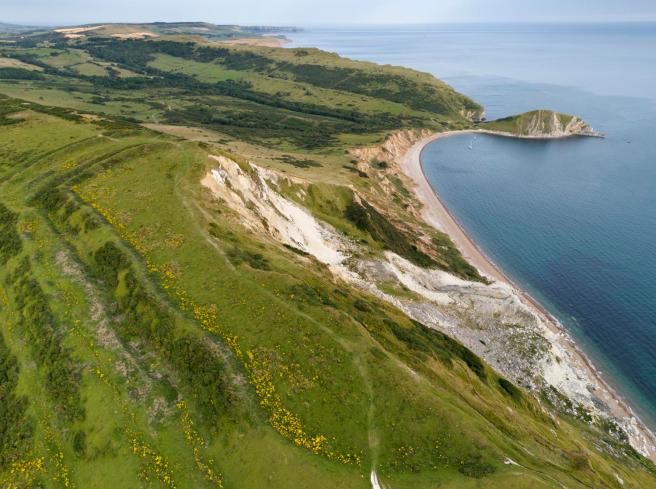 Modern colour photograph: elevated aerial view of a long stretch of green landscape with the lines of the hillfort on the left, and a sandy coastline with a bay on the right-hand side
