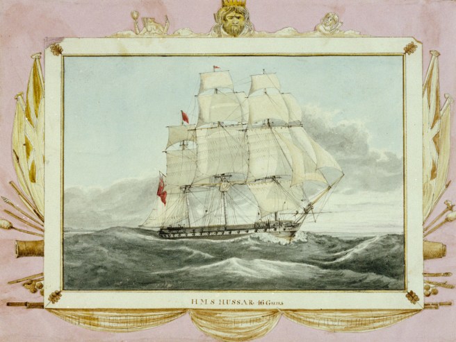 Historic watercolour painting of a ship at sea with the Naval Ensign aft in a swelling sea and blue sky with light cloud, set in a trompe l'oeil border and frame surmounted by the figure of Neptune and surrounded by naval arms.