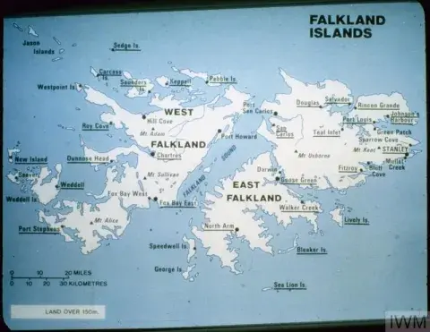 Map of the Falkland Islands, with land masses in white and the sea in blue