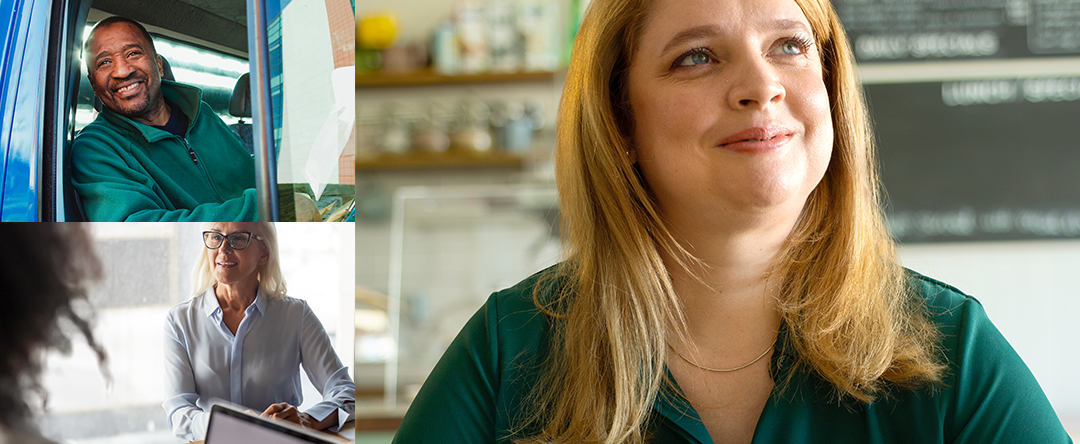 Collage of pictures including a driver smiling, a woman in an office smiling and a woman in a café smiling