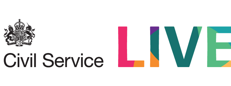Logo featuring the UK Civil Service branding. On the left is the official coat of arms above the words “Civil Service” in black text. To the right, the word “LIVE” appears in large, bold, multicoloured letters with geometric shapes in pink, teal, green, and orange. The background is light grey with a vertical red line separating the coat of arms from the text.