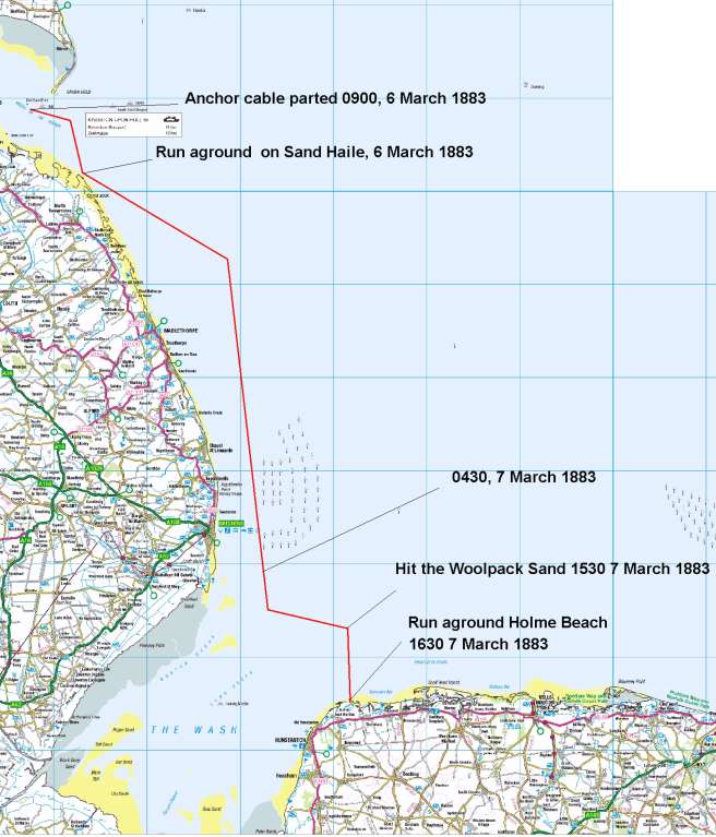 Map of the North Sea coast between the Humber and Norfolk, showing the 50 miles travelled by the Vicuna between 9am on 6 March and 3.30pm on 7 March, and the two sandbanks where she grounded en route.
