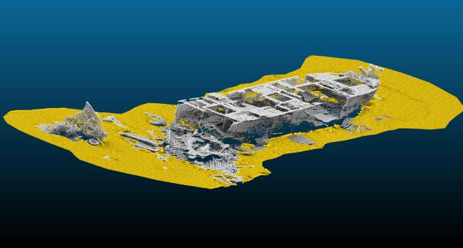 The aft section of the James Eagan Layne wreck, using modern bathymetric imagery allowing a view into the ship, and showing scattered debris