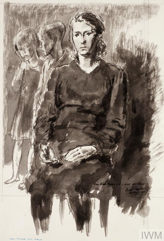 Sepia pen and ink wash of seated woman in hat with a boy and a girl in the background.