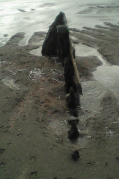 Photograph of shipwreck timber seen from above, amid ridges and furrows in the sand with the tide flowing in and out.