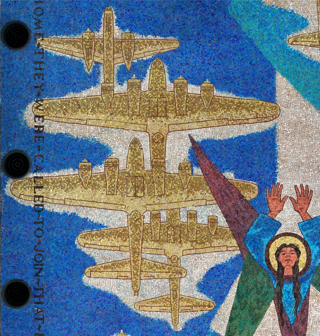Five aircraft seen in a blue sky with angel h
