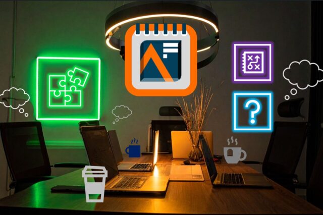 a picture of a desk covered in laptops, floating above the desk is the analysis function logo and a neon sign of a puzzle and a question mark