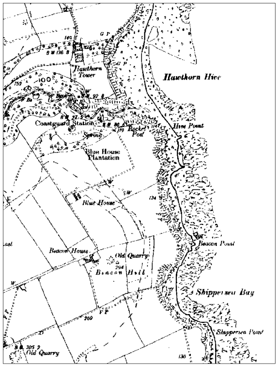 Historic B&W map of stretch of coastline, showing fields to the left, a contour of rocks and sand and blank white space to the right.