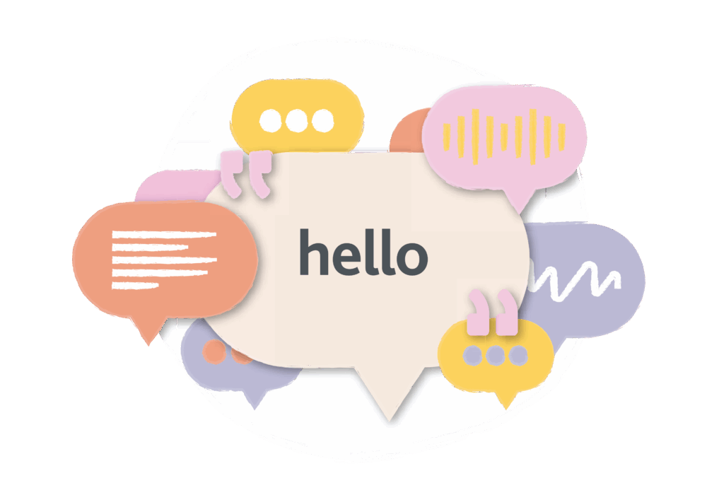 An illustration of a lot of different sized speech bubbles, placed around a center speech bubble containing the word Hello.