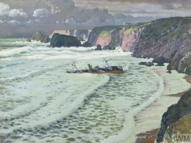 Oil painting depicting white foamy sea to right, and to the left violet cliffs under a grey sky, a vessel painted in colourful dazzle camouflage lies in centre ground ashore.
