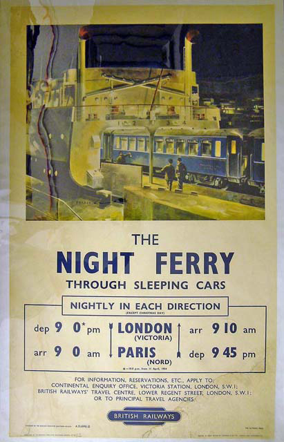 A vintage colour poster advertising 'The Night Ferry' train service, featuring a nighttime scene with sleeping cars and train details, over a timetable advertising the nightly service in both directions between London and Paris. The poster has evidence of streaks which look like water or oil damage to the left.