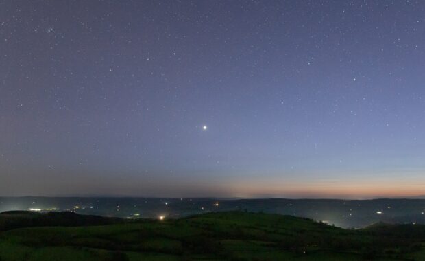 Venus setting in the west as daylight fades.