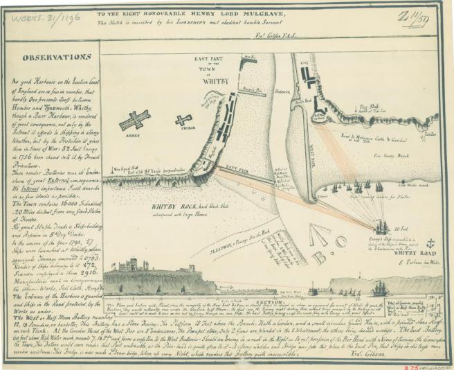 Late 18th century pen and ink plan of the harbour addressed to the Right Honourable Henry Lord Mulgrave, with textual observations to left and a topographical view of the entrance to the harbour below.