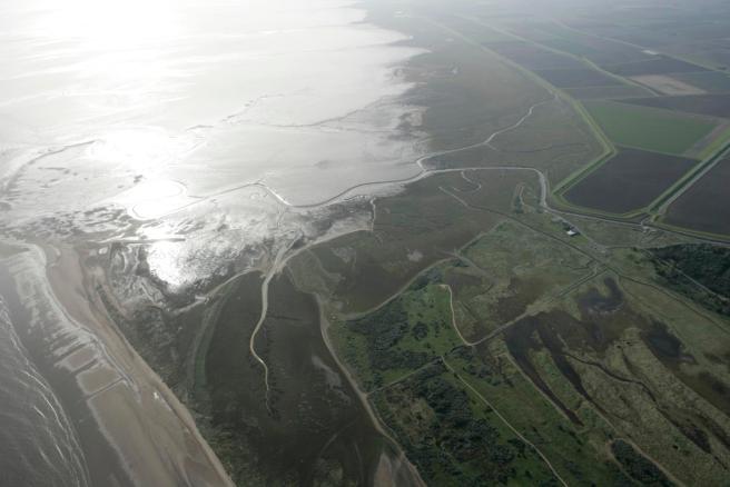 Modern colour aerial photo of coastline to left of photo, showing beach at bottom left and at upper left the land partially inundated and overflowing onto green fields.