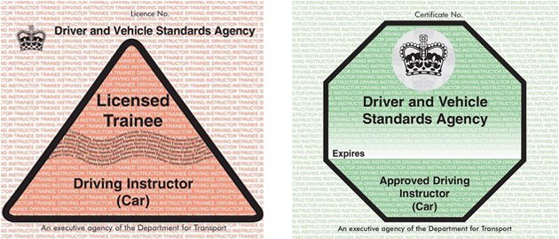 A driving instructor with a pink badge with a triangle on it is a trainee. A driving instructor with a green badge with an octogan on it is fully qualified.