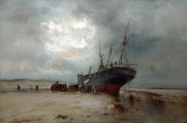 Contemporary oil painting of the hull of a wreck under a dark cloudy sky at low tide, allowing salvors to attend the wreck (on the left).