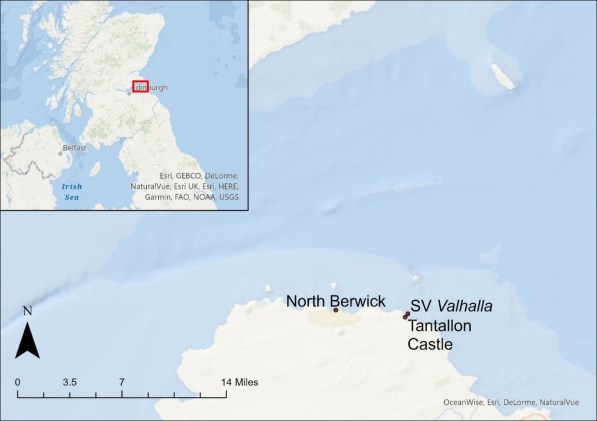 Location map showing the wreck of the Valhalla off Tantallon Castle; inset map at top left showing the relative location near Edinburgh