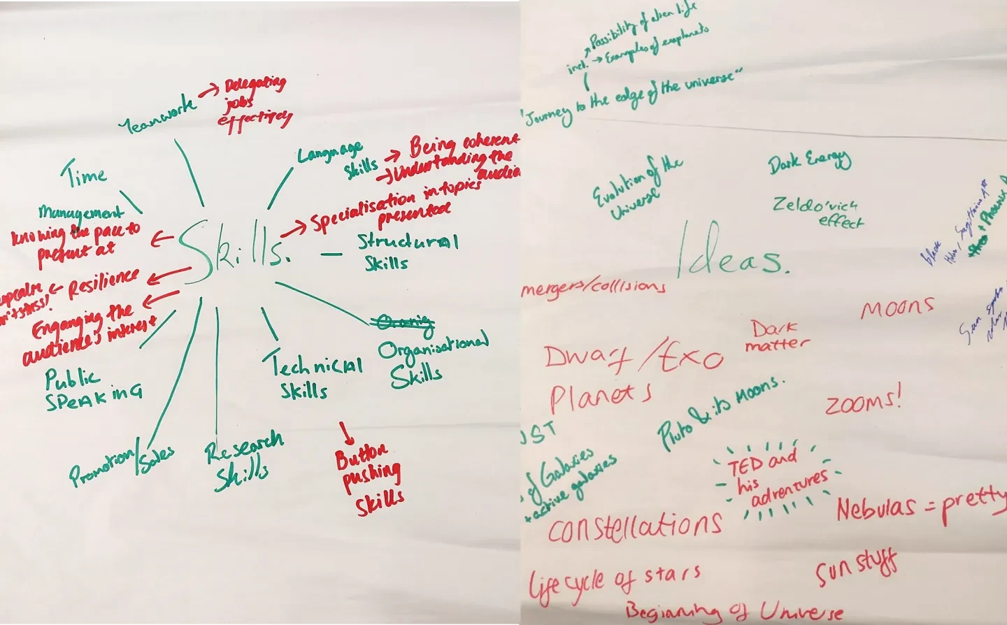 Photos of two pages of notes. One on 'Skills' and one on 'Ideas'. Both pages include notes in different colours and handwriting styles, and relate to young people planning their own planetarium show. 