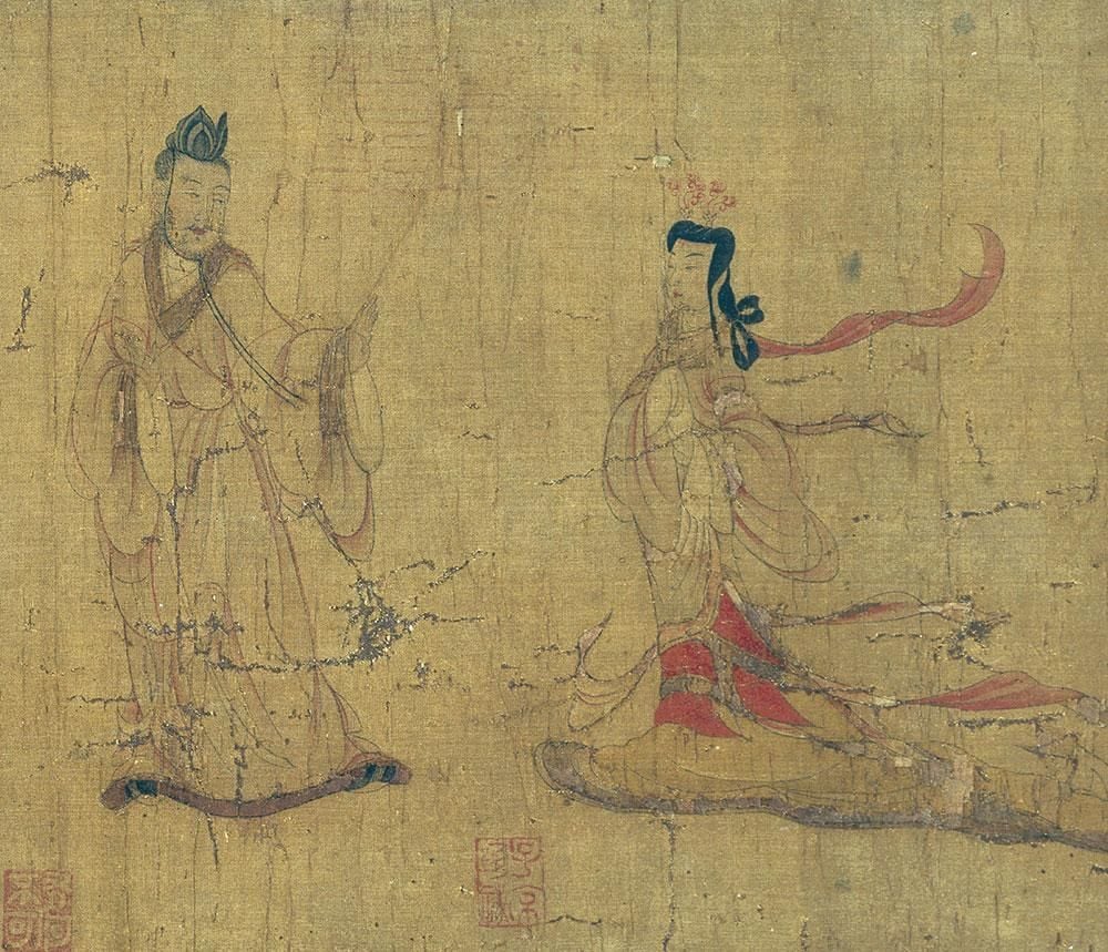 A court lady advances towards the Emperor, who repulses her with a gesture of his raised hand