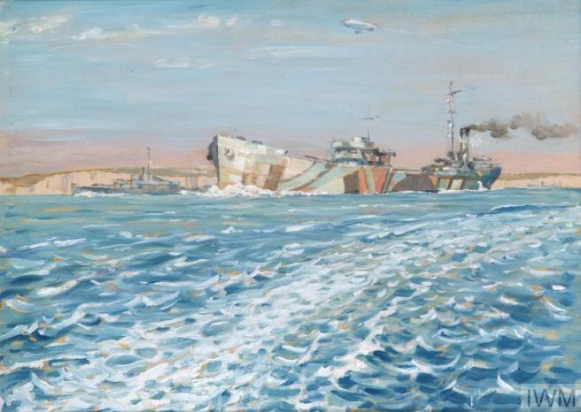 Painting from the sea looking towards cliffs and the body of a vessel painted in dazzle camouflage.