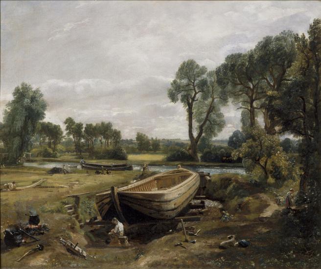 Historic oil painting with the barge under construction the central feature of a rural landscape on a flat river plain.