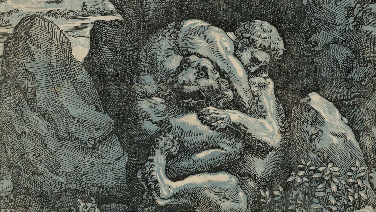 Print of a nude Hercules grappling with a lion before a rocky outcrop.
