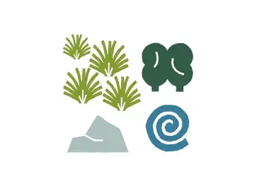 Illustrations of plants, rocks and water representing habitats