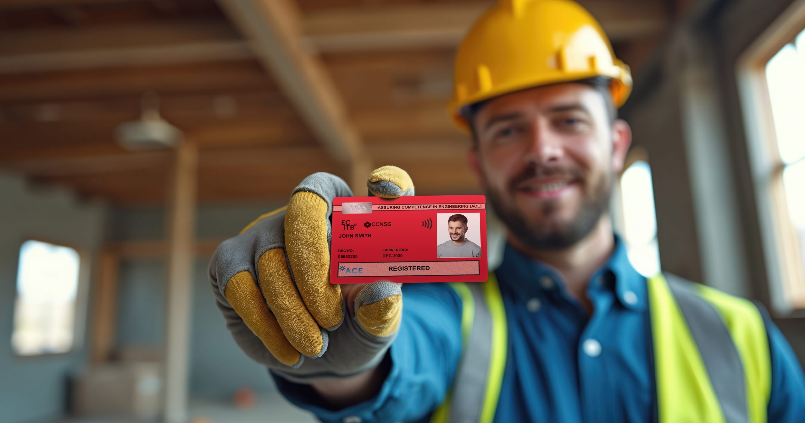 Construction Worker Holds Outred ACE Card. Man Wears Hard Hat And Safety Vest, Shows His Identification. Pro Contractor On Building Site, Ready For Work.