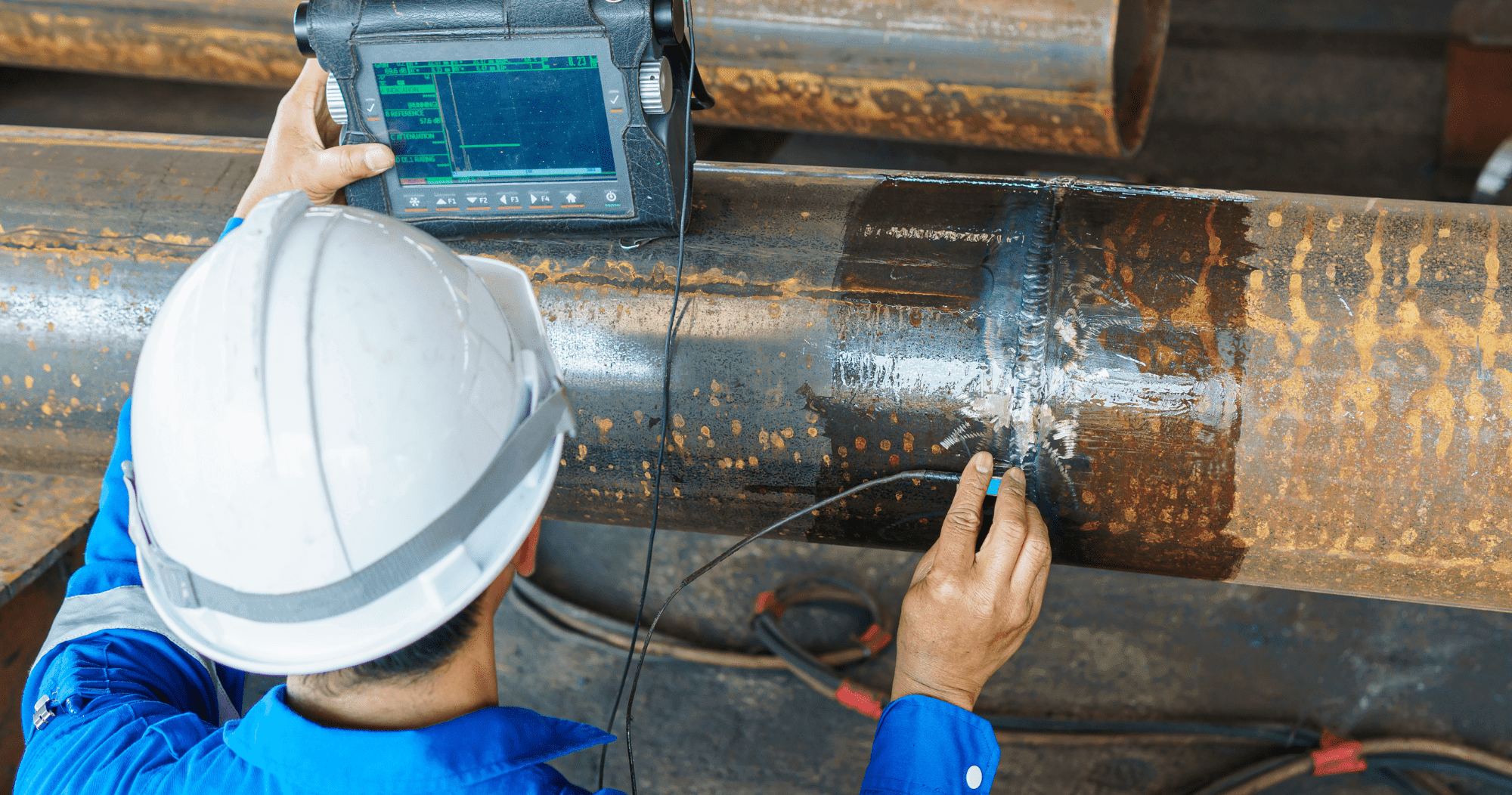 NDT Person Testing A Metal Pipe With An Electrical Unit