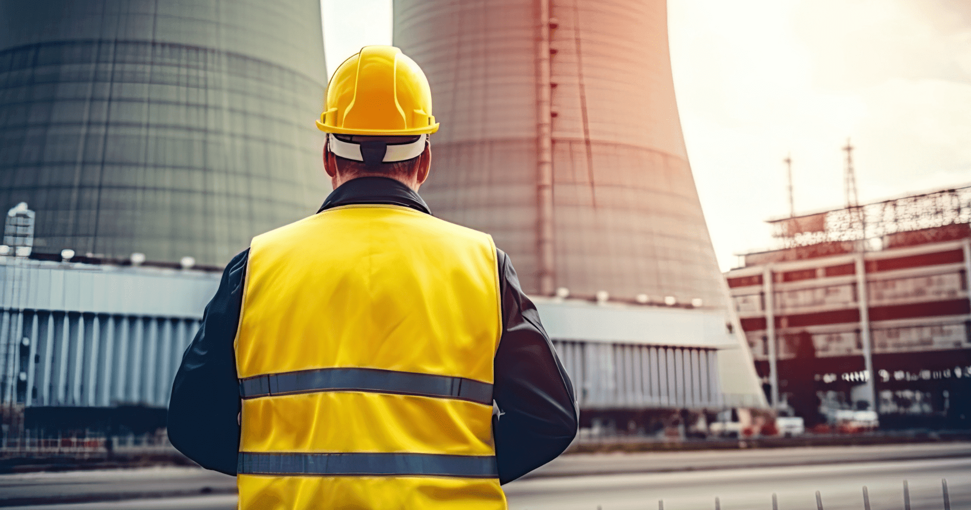Nuclear Man Wearing Hard Hat Facing A Nuclear Facility