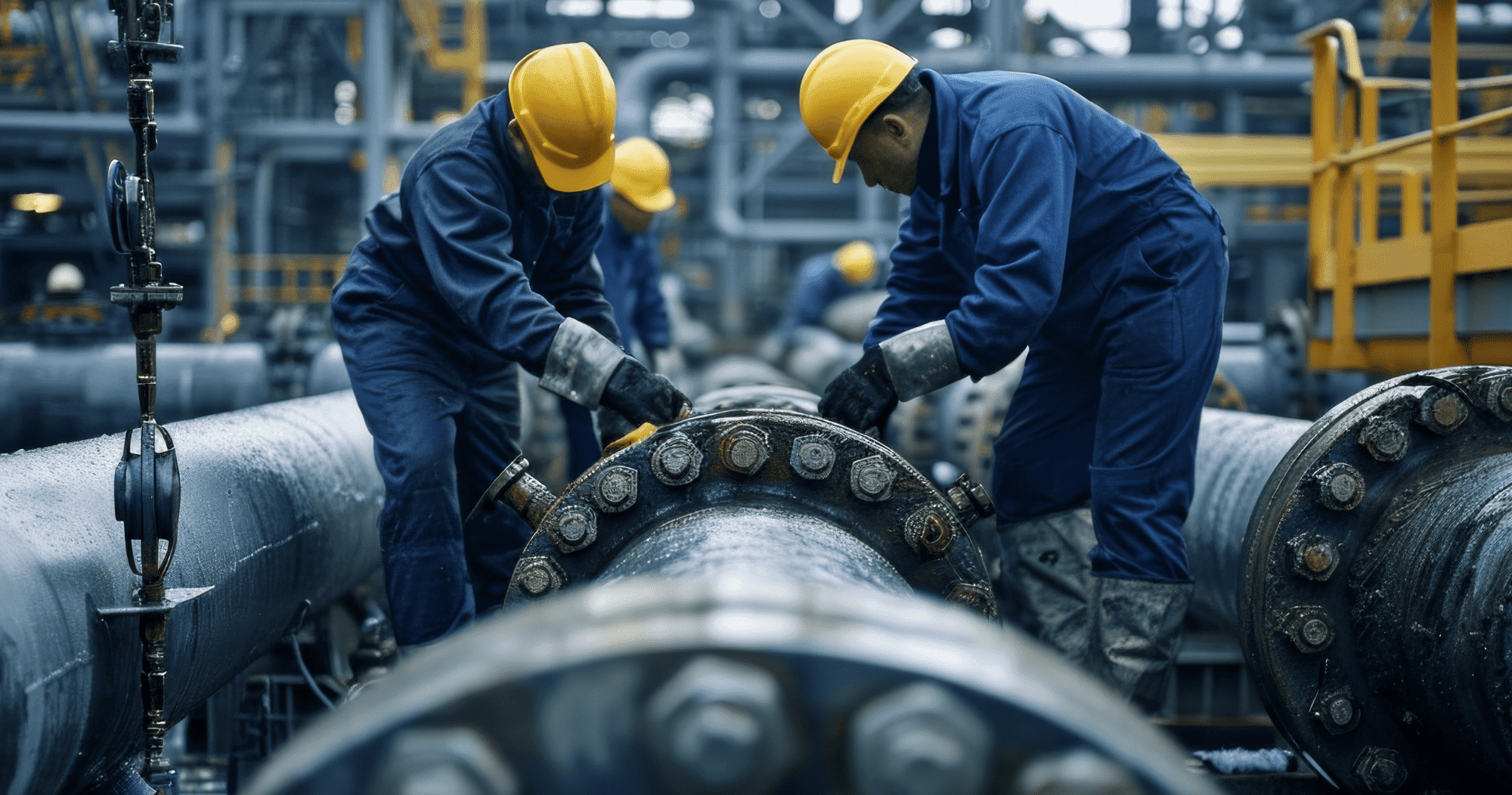 Pipefitting workers on site. Find out more about doing a pipe fitter course or pipe fitter training with the ECITB on a pipe fitting course
