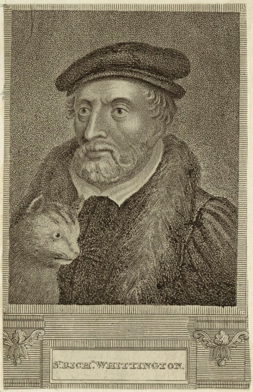 An historical black and white engraving of Sir Richard Whittington, depicting an older man with a beard wearing a hat and fur coat, holding a cat, with a border frame and the legend 'Sr Rich. Whittington' at the bottom 
