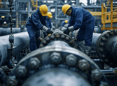 Pipefitting workers on site. Find out more about doing a pipe fitter course or pipe fitter training with the ECITB on a pipe fitting course