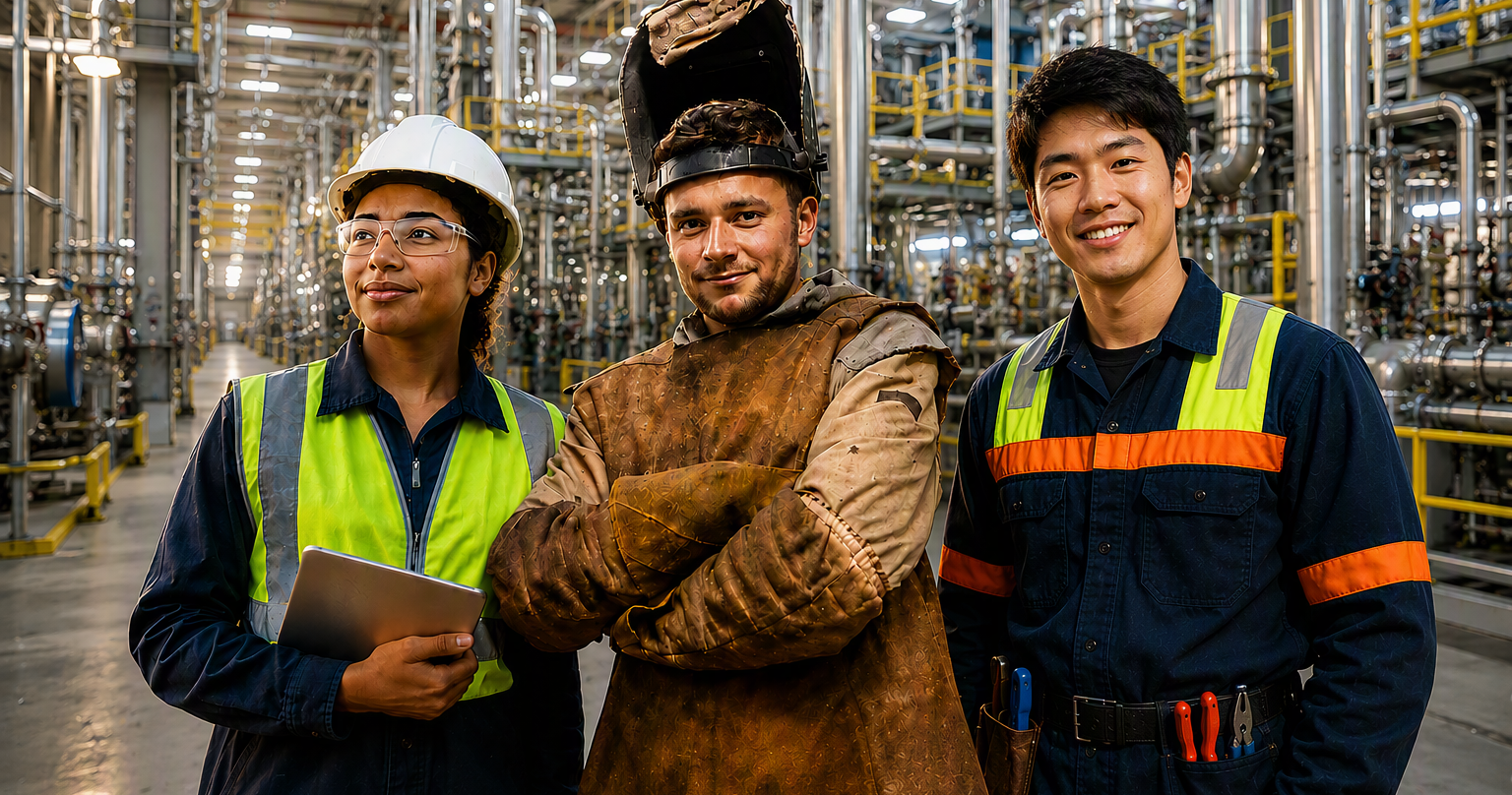 Three Young People Working In The Engineering Construction Industry