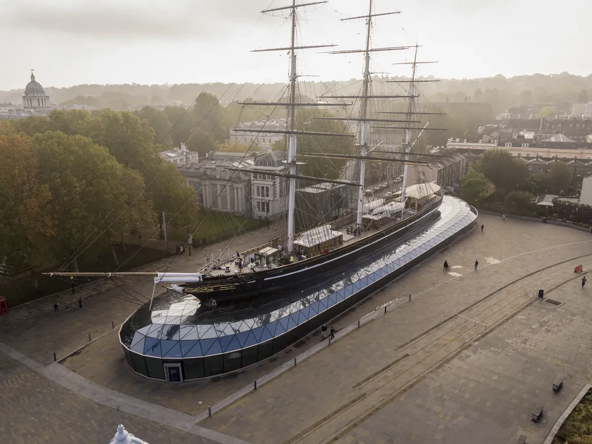 An aerial view of the dry-docked Cutty Sark.