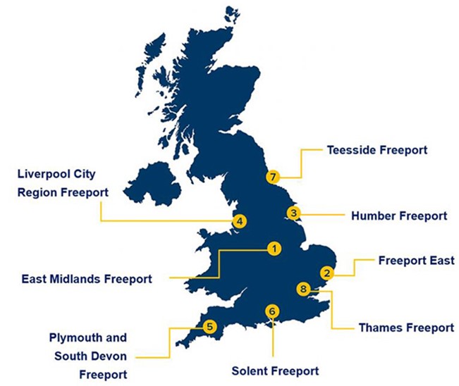 Map showing the Freeport locations in England