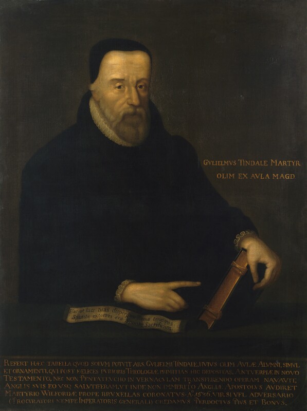 Painted image of seated man in black against a dark background. His name, in Latin, is painted in gold to the right of his arm, which holds a Bible. His left hand points to the Bible above a white text. Below the portrait is an inscription in gold lettering, also in Latin..