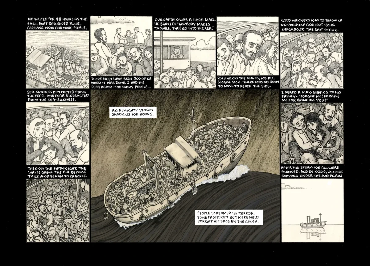 Collage of B&W drawings about migrants on boats