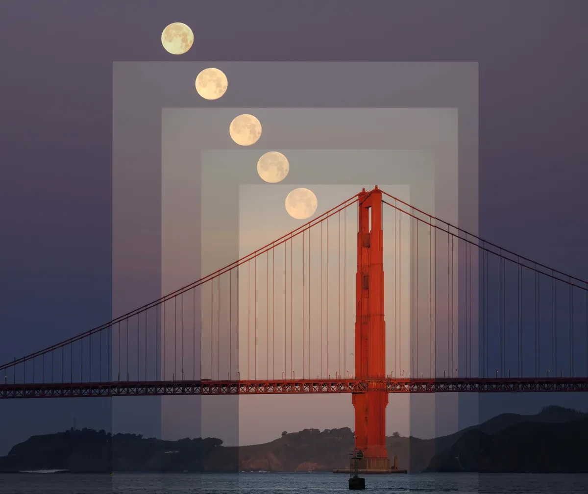 The Golden Gate Bridge photographed at five times of day, with the Moon increasingly setting, put together in a compound image