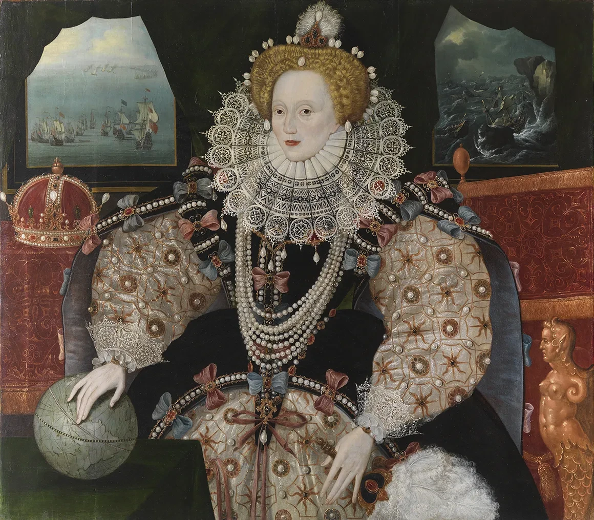Detailed portrait of Elizabeth I with a globe.