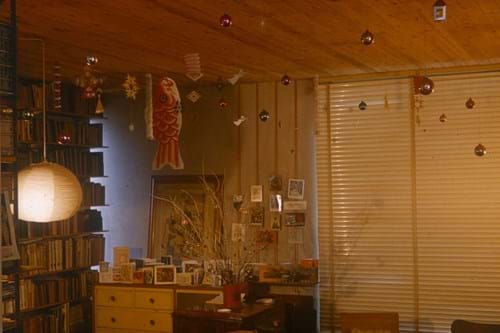 Living room with wood paneling, bookshelves, and hanging decorations including baubles, fish and others.