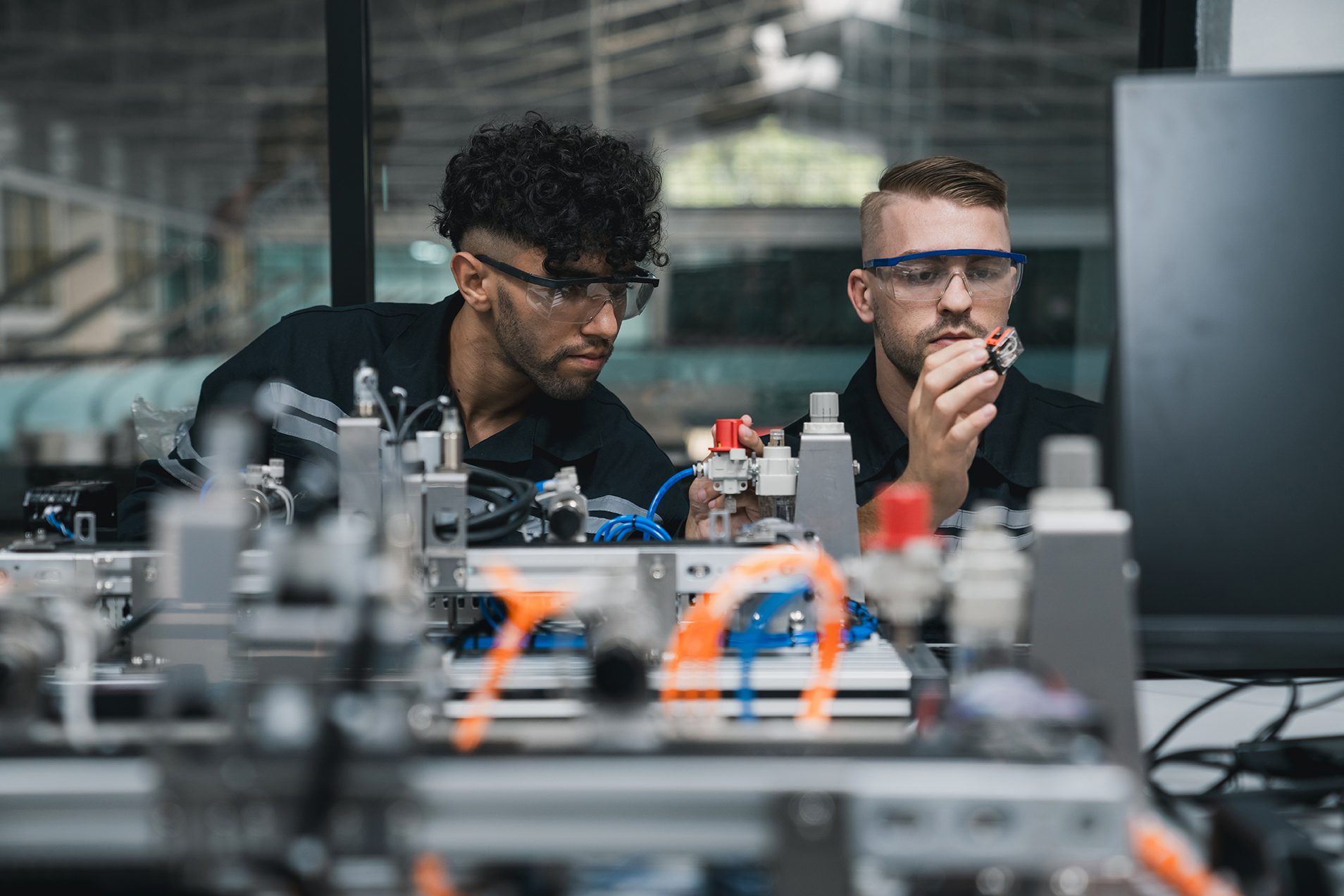 Student Engineer Assembling Robotic Arm With Computer In Technology Workshop. Service Engineer Holding Robot Controller And Checking Robotic Arm Welding Hardware.