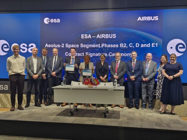 Aeolus-2 space segment signature ceremony between ESA and Airbus Defence and Space-UK. Credit: ESA