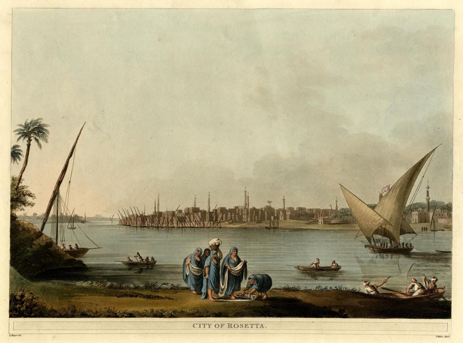 A group of people wearing robes in front of a river, with sailing boats and rowing boats.