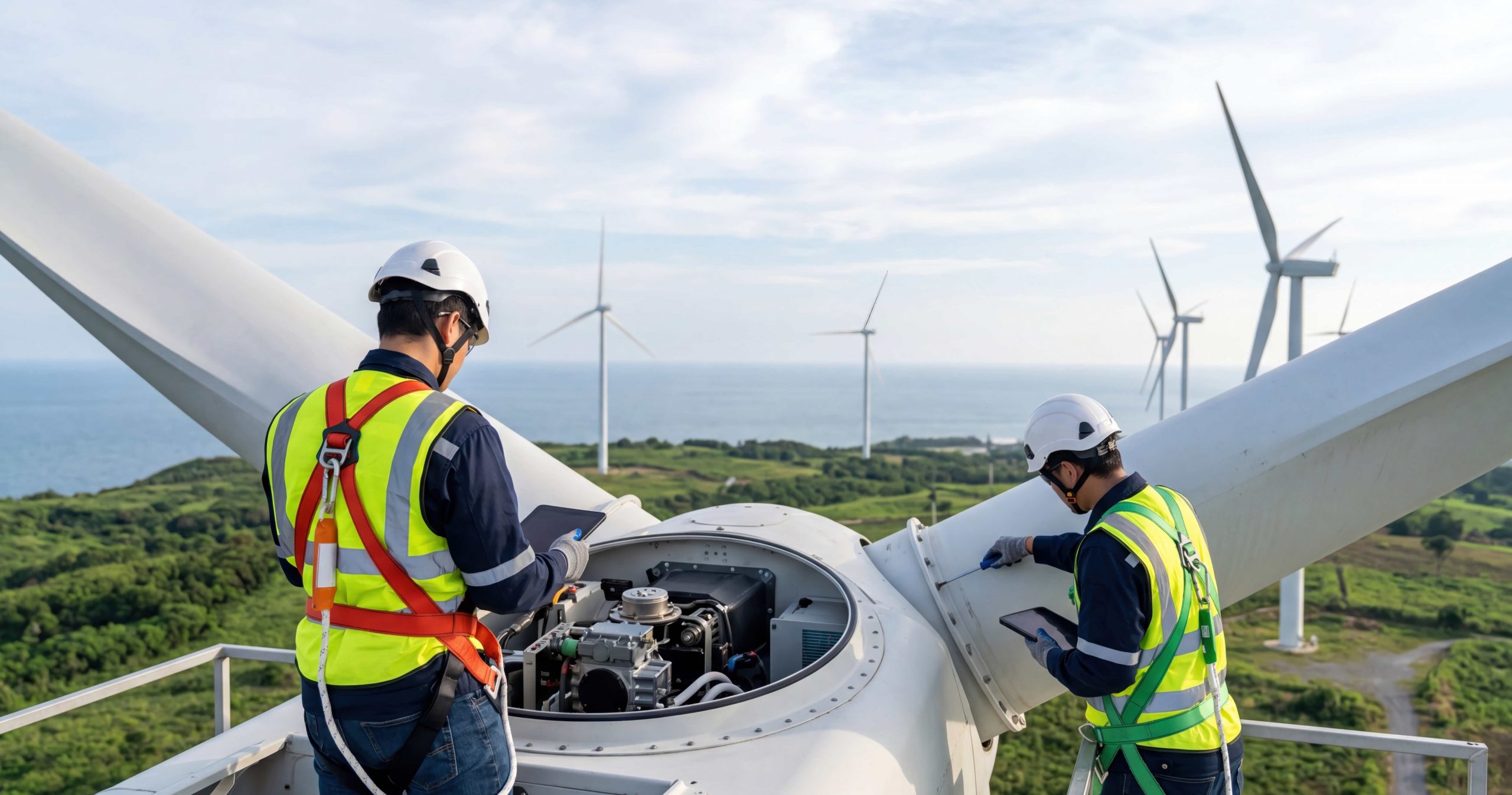 Wind Turbine Technicians Doing Maintenance On Turbine