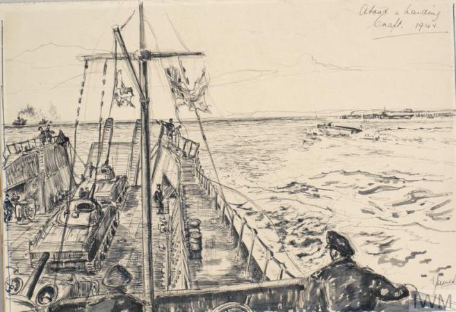 Contemporary monochrome pen and ink drawing seen from the bridge of a landing craft under way, with the ramp being unloaded and tanks being readied for departure as the craft nears land in the distance.