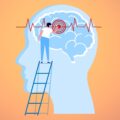 a human brain with a smaller person on a ladder pointing to a part of the brain