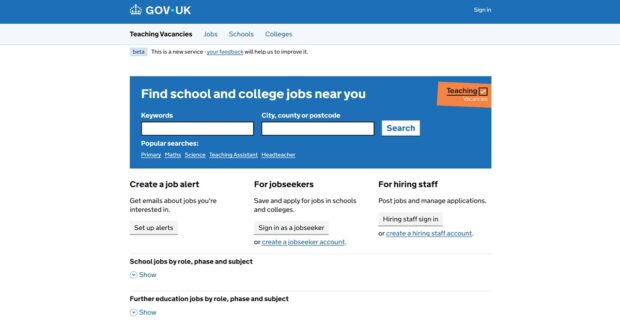 Teaching Vacancies homepage showing a search for school and college jobs