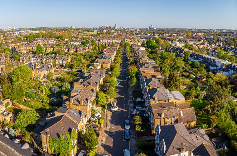 Aerial view of a large number of houses